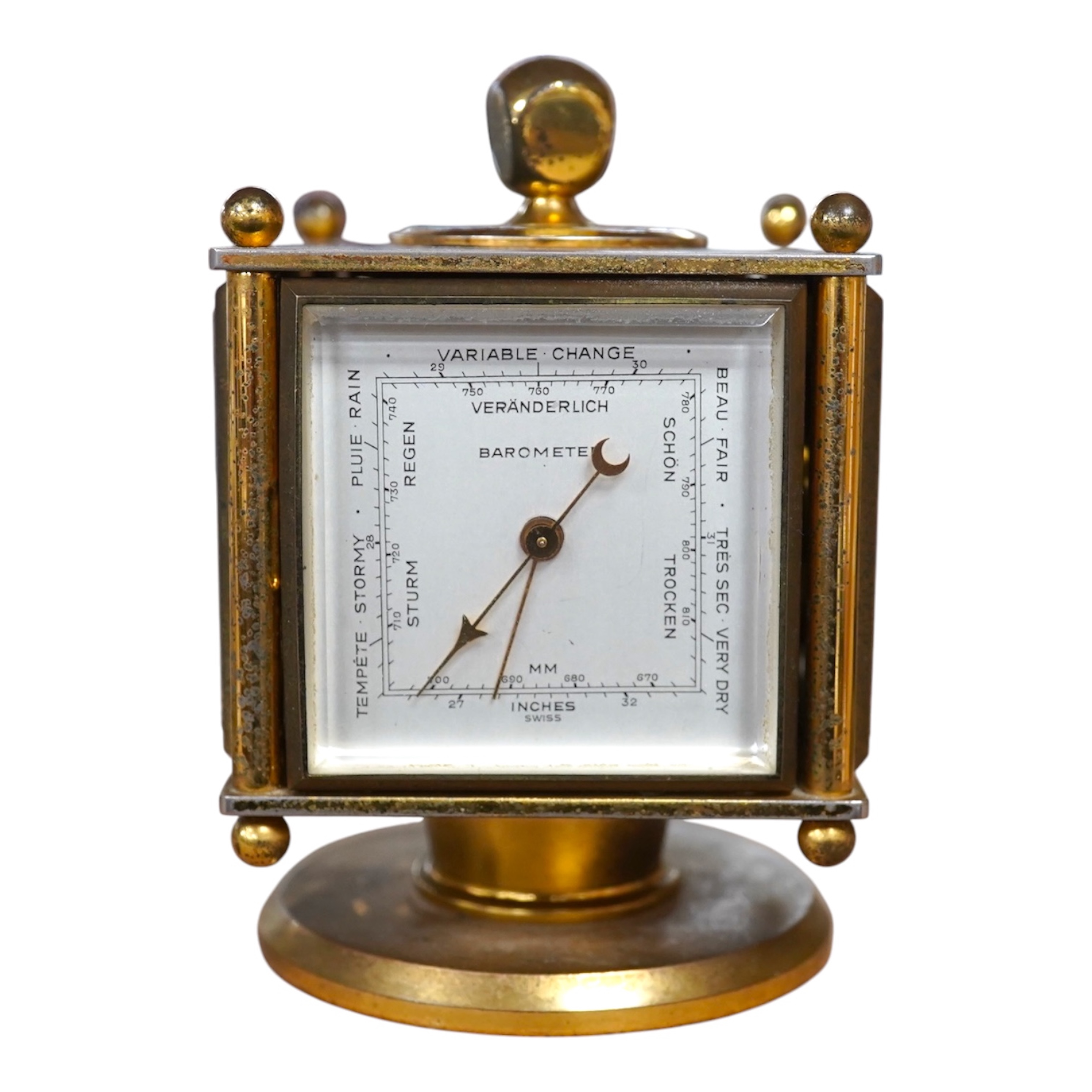 An Imhof brass combination clock, hydrometer, barometer and thermometer, 12cm high. Condition - fair